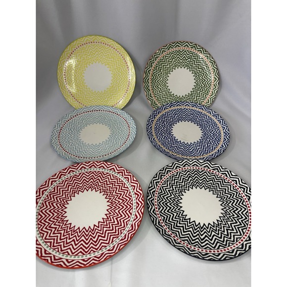 Handmade Other - Set Of 6 Handmade Geometric Zig Zag Colorful Dinner Plates  10.25"